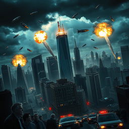 A dramatic scene depicting bombs falling on a sprawling urban cityscape