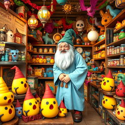 A whimsical joke shop themed around the horcruxes from Harry Potter, each horcrux artistically designed to look cute and appealing, brightly colored and playful