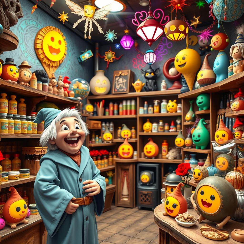 A whimsical joke shop themed around the horcruxes from Harry Potter, each horcrux artistically designed to look cute and appealing, brightly colored and playful