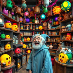 A whimsical joke shop themed around the horcruxes from Harry Potter, each horcrux artistically designed to look cute and appealing, brightly colored and playful