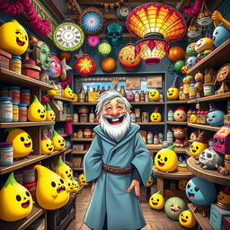 A whimsical joke shop themed around the horcruxes from Harry Potter, each horcrux artistically designed to look cute and appealing, brightly colored and playful