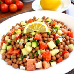 A vibrant and appetizing plate of brown fava beans (foul medames) mixed with finely chopped onions, pieces of fresh cucumber, diced tomatoes, and lemon slices