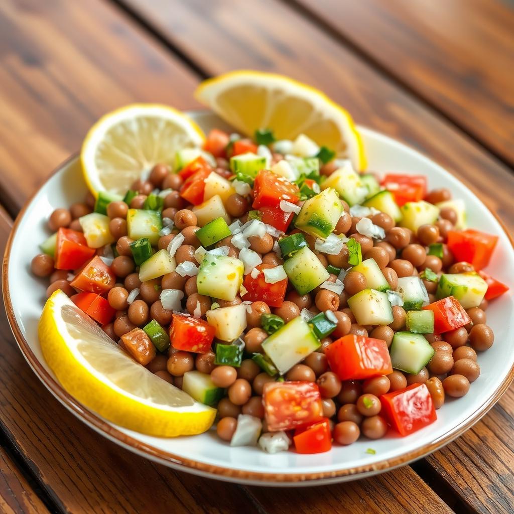 A vibrant and appetizing plate of brown fava beans (foul medames) mixed with finely chopped onions, pieces of fresh cucumber, diced tomatoes, and lemon slices