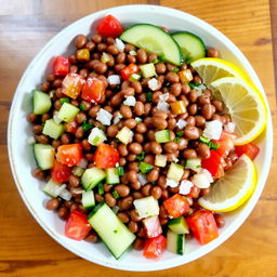 A vibrant and appetizing plate of brown fava beans (foul medames) mixed with finely chopped onions, pieces of fresh cucumber, diced tomatoes, and lemon slices