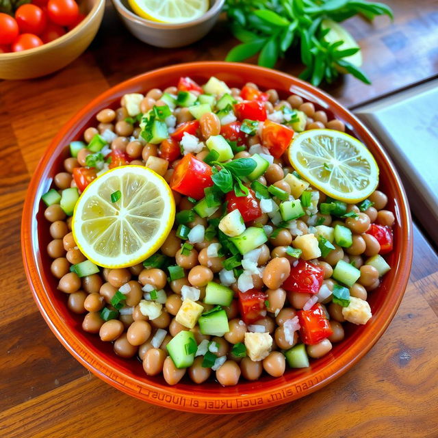 A vibrant and appetizing plate of brown fava beans (foul medames) mixed with finely chopped onions, pieces of fresh cucumber, diced tomatoes, and lemon slices