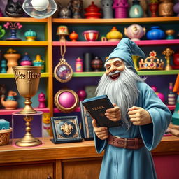 A whimsical joke shop featuring beautifully designed representations of a goblet, a locket, a black diary, and a diadem, all styled to look enchanting and appealing