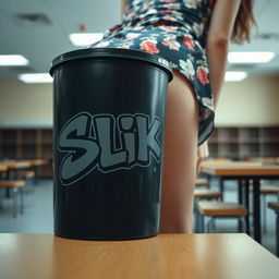 An extreme close-up shot of a round booty bending over a table in an empty cafeteria, wearing a floral pattern sundress