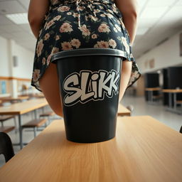 An extreme close-up shot of a round booty bending over a table in an empty cafeteria, wearing a floral pattern sundress