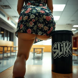 An extreme close-up shot of a round booty bending over a table in an empty cafeteria, wearing a floral pattern sundress