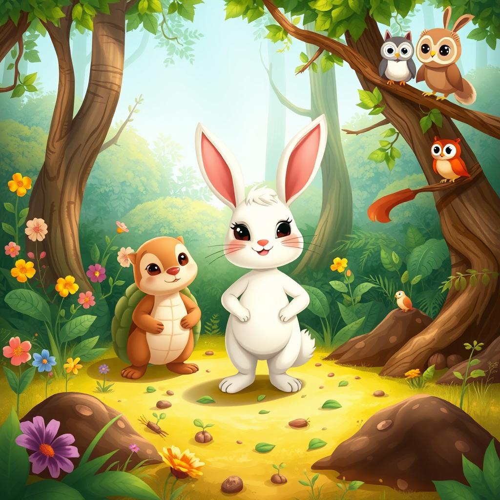 A whimsical and enchanting illustration of Lila, the cute little bunny, standing confidently in an enchanting forest with her friends