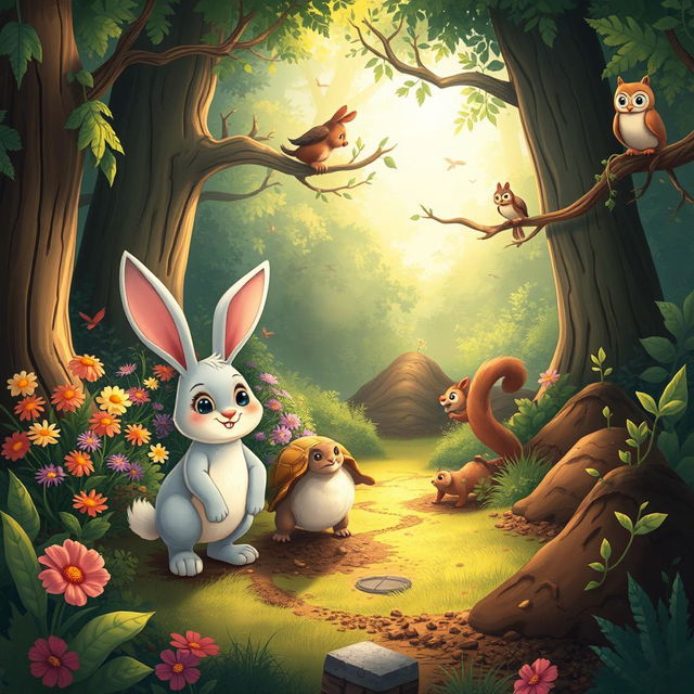 A whimsical and enchanting illustration of Lila, the cute little bunny, standing confidently in an enchanting forest with her friends