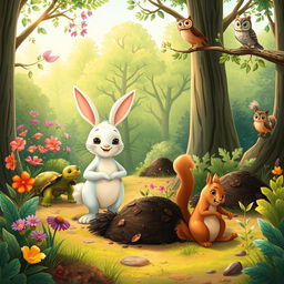 A whimsical and enchanting illustration of Lila, the cute little bunny, standing confidently in an enchanting forest with her friends