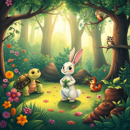 A whimsical and enchanting illustration of Lila, the cute little bunny, standing confidently in an enchanting forest with her friends