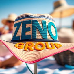 A stylish summer hat prominently featuring the words "ZENO GROUP" in bold, eye-catching lettering