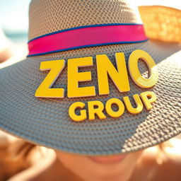 A stylish summer hat prominently featuring the words "ZENO GROUP" in bold, eye-catching lettering