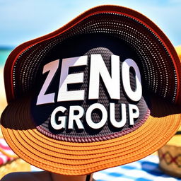 A stylish summer hat prominently featuring the words "ZENO GROUP" in bold, eye-catching lettering