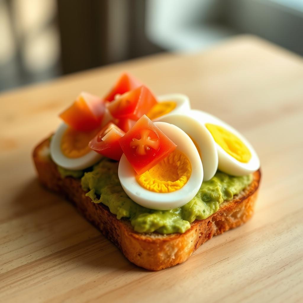 A delicious avocado toast topped with slices of boiled eggs and fresh tomato pieces, set on a light wooden table