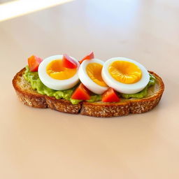 A delicious avocado toast topped with slices of boiled eggs and fresh tomato pieces, set on a light wooden table