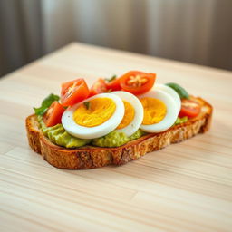 A delicious avocado toast topped with slices of boiled eggs and fresh tomato pieces, set on a light wooden table