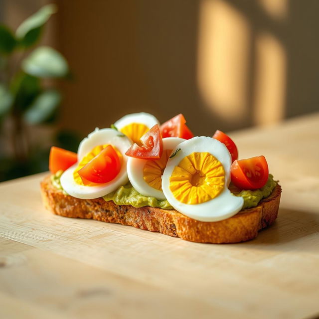 A delicious avocado toast topped with slices of boiled eggs and fresh tomato pieces, set on a light wooden table