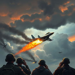A striking and powerful cover photo illustration showcasing the moment a USA fighter plane is shot down