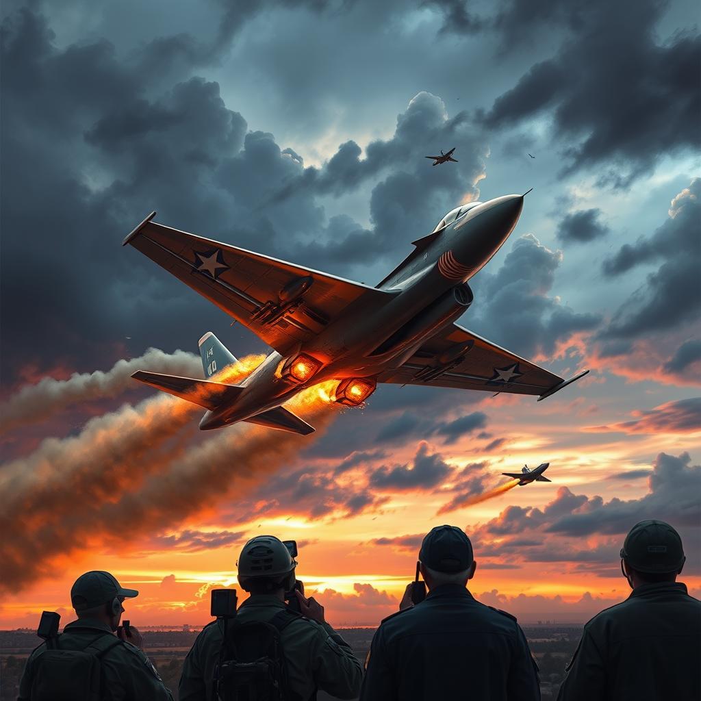 A striking and powerful cover photo illustration showcasing the moment a USA fighter plane is shot down