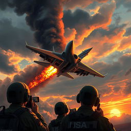 A striking and powerful cover photo illustration showcasing the moment a USA fighter plane is shot down