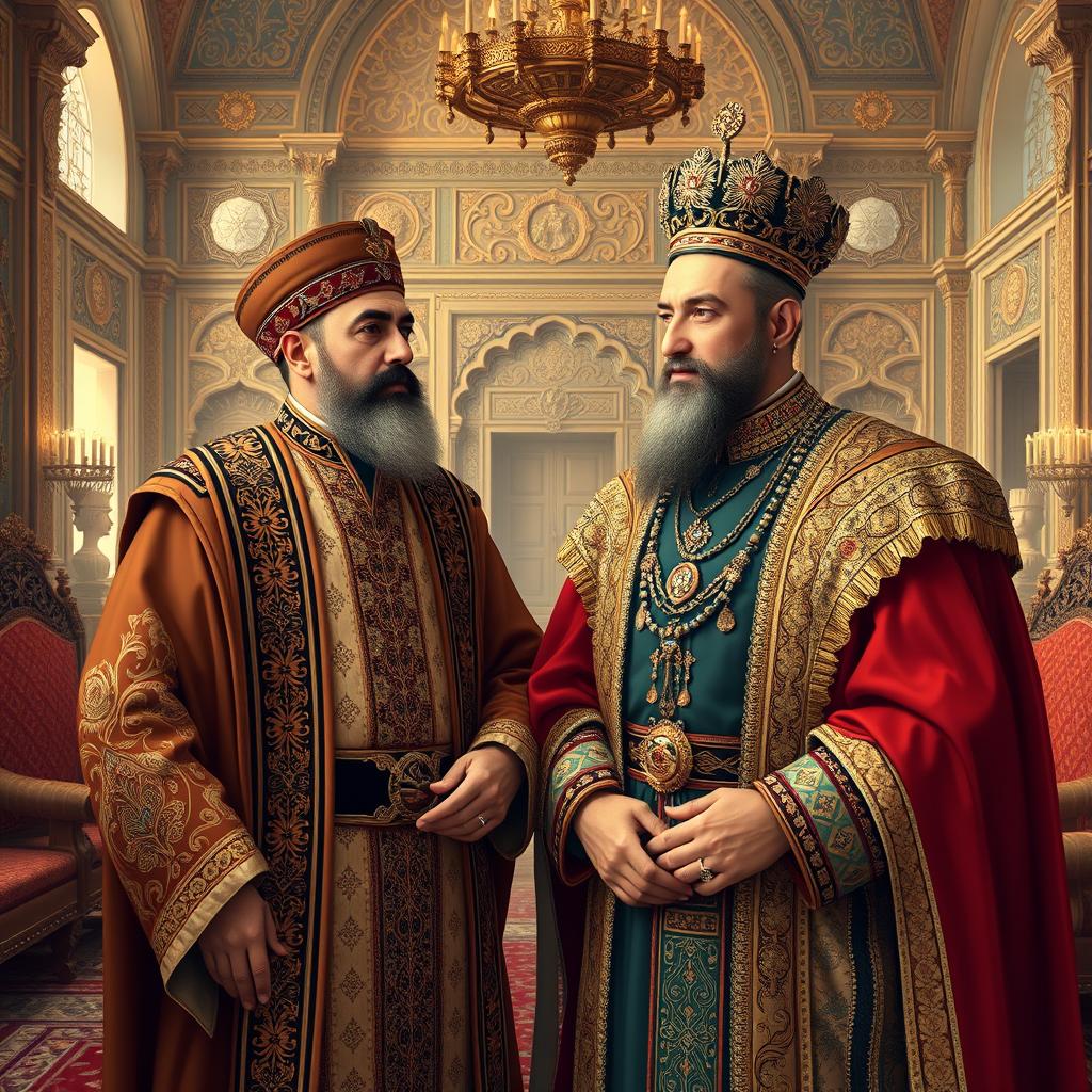 A historical scene depicting Amir Kabir, a significant figure in Iranian history, standing beside Naser al-Din Shah, the Qajar king