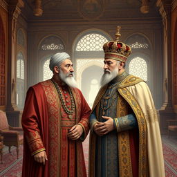 A historical scene depicting Amir Kabir, a significant figure in Iranian history, standing beside Naser al-Din Shah, the Qajar king