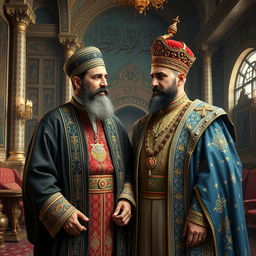 A historical scene depicting Amir Kabir, a significant figure in Iranian history, standing beside Naser al-Din Shah, the Qajar king