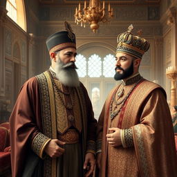 A historical scene depicting Amir Kabir, a significant figure in Iranian history, standing beside Naser al-Din Shah, the Qajar king