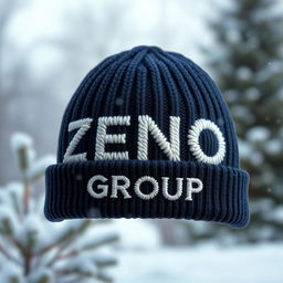 A cozy and stylish knitted wool cap featuring the bold text 'ZENO GROUP' prominently displayed on the front