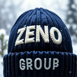 A cozy and stylish knitted wool cap featuring the bold text 'ZENO GROUP' prominently displayed on the front