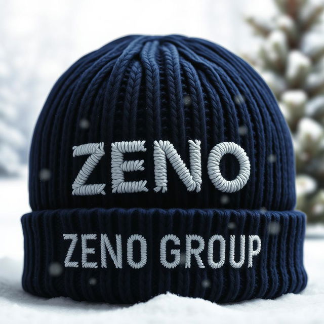 A cozy and stylish knitted wool cap featuring the bold text 'ZENO GROUP' prominently displayed on the front