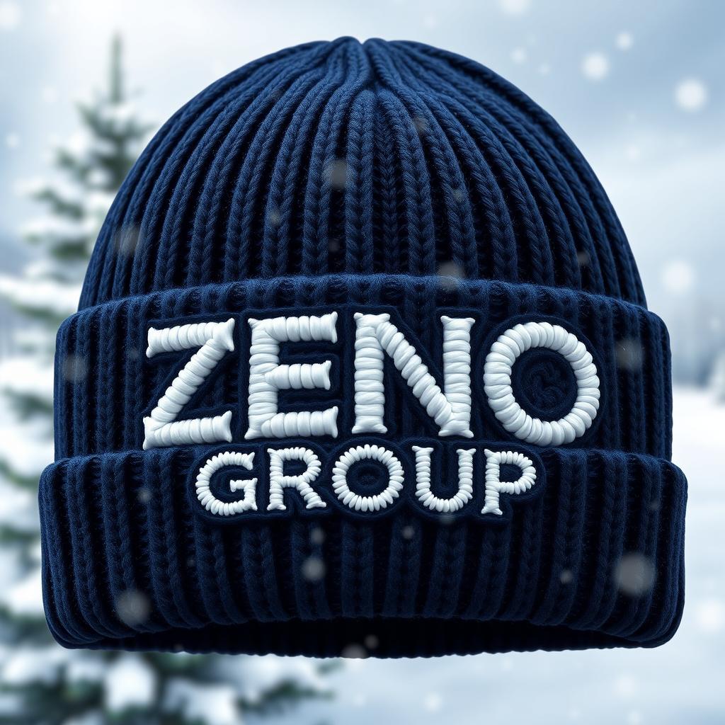 A cozy and stylish knitted wool cap featuring the bold text 'ZENO GROUP' prominently displayed on the front