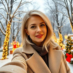 A beautiful Russian woman aged between 40 and 45 years, taking a stylish selfie