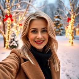 A beautiful Russian woman aged between 40 and 45 years, taking a stylish selfie