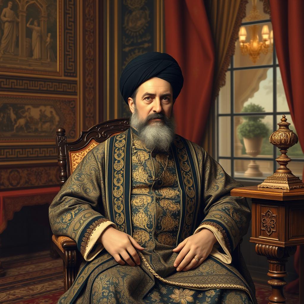 A historical portrait of Amir Kabir, the prominent Iranian prime minister close to Naser al-Din Shah Qajar, depicted in a royal setting