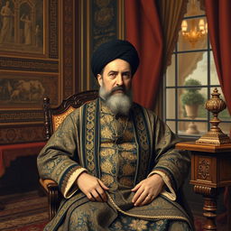 A historical portrait of Amir Kabir, the prominent Iranian prime minister close to Naser al-Din Shah Qajar, depicted in a royal setting