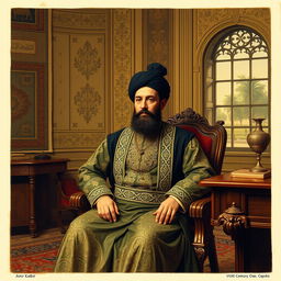 A historical portrait of Amir Kabir, the prominent Iranian prime minister close to Naser al-Din Shah Qajar, depicted in a royal setting