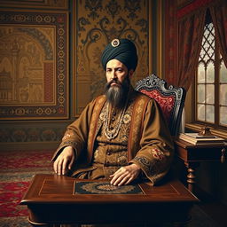 A historical portrait of Amir Kabir, the prominent Iranian prime minister close to Naser al-Din Shah Qajar, depicted in a royal setting