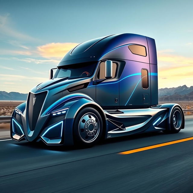 A futuristic and custom-designed semi-truck showcasing cutting-edge technology and sleek aerodynamic lines