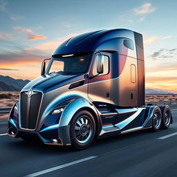 A futuristic and custom-designed semi-truck showcasing cutting-edge technology and sleek aerodynamic lines