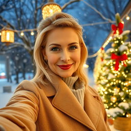 A stunning Russian woman aged between 40 and 45 years, taking a fashionable selfie