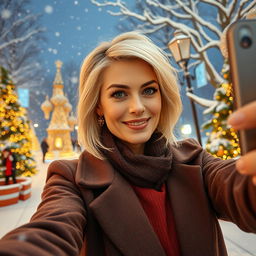 A stunning Russian woman aged between 40 and 45 years, taking a fashionable selfie