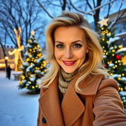 A stunning Russian woman aged between 40 and 45 years, taking a fashionable selfie