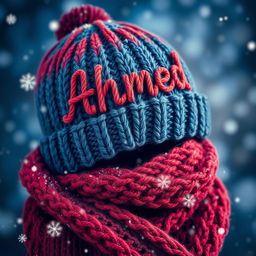 A knitted woolen hat and scarf elegantly displayed together