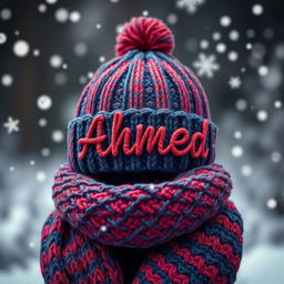 A knitted woolen hat and scarf elegantly displayed together