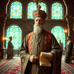 A historical portrayal of Amir Kabir, the prime minister of Naser al-Din Shah of the Qajar dynasty in Iran, dressed in traditional 19th-century Persian attire with intricate patterns
