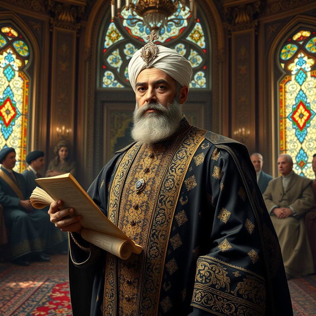 A historical portrayal of Amir Kabir, the prime minister of Naser al-Din Shah of the Qajar dynasty in Iran, dressed in traditional 19th-century Persian attire with intricate patterns